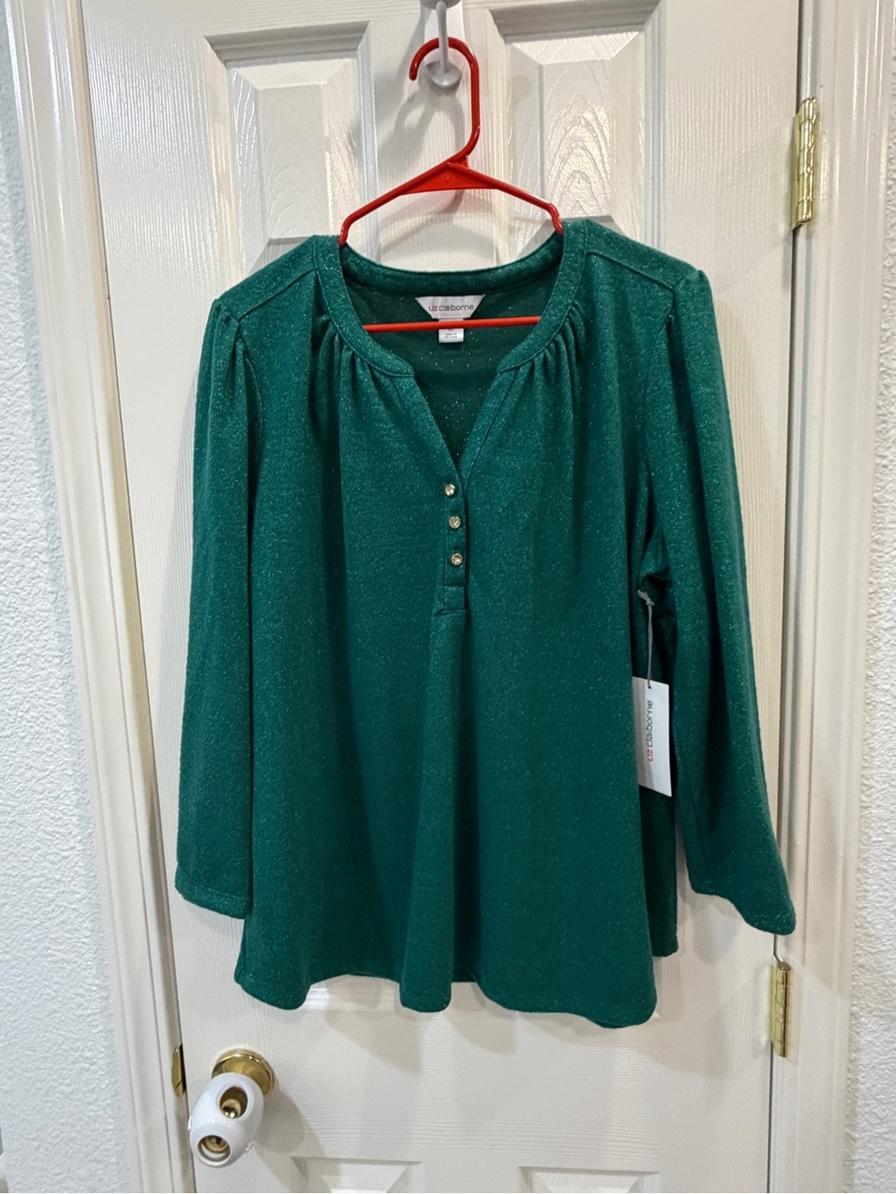 Liz Claiborne Emerald Green Sparkle Henley Blouse